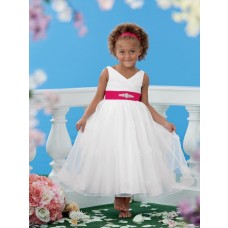 Princess A Line V Neck Tea Length White Organza Red Sash Little Flower Girl Dress