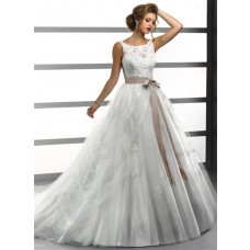 Princess Ball Gown Bateau Lace Tulle Wedding Dress With Sash Buttons
