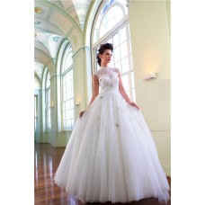Princess Ball Gown High Neck Tulle Illusion Wedding Dress With Beading Buttons