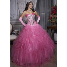 Princess Ball Gown Pink Tulle Crystal Quinceanera Dress With Corset