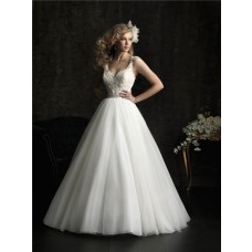 Princess Ball Gown V Neck Tulle Lace Wedding Dress With Straps Belt 