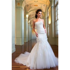 Princess Mermaid Strapless Tulle Lace Beaded Bridal Wedding Dress With Cathedral Train