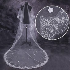 Princess One Tier Tulle Lace Long Cathedral Wedding Bridal Veil Crystals Flowers