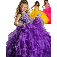Puffy Ball Gown Halter Purple Organza Ruffle Beaded Little Girls Party Prom Dress