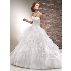 Puffy Ball Gown Strapless Corset Back Beaded Lace Tulle Wedding Dress