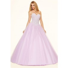 Puffy Ball Gown Strapless Corset Lilac Tulle Pearl Beaded Prom Dress 