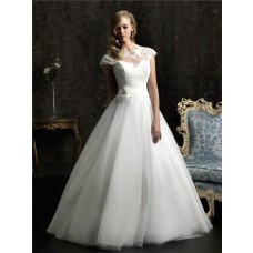 Romantic Ball Gown Cap Sleeve Sheer Tulle Lace Wedding Dress With Flower Sash 