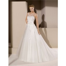 Romantic Ball Gown Illusion Bateau Neckline Sheer Back Tulle Lace Wedding Dress With Flowers