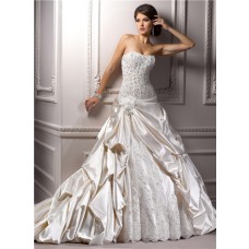 Romantic Ball Gown Strapless Champagne Satin Lace Beaded Corset Wedding Dress