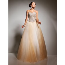 Royal A Line Princess Sweetheart Floor Length Champagne Tulle Beaded Prom Dress