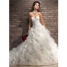 Royal Ball Gown Sweetheart Pleated Organza Ruffle Puffy Wedding Dress With Lace