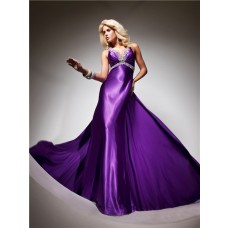 Royal Queen V Neck Backless Long Purple Silk Beading Prom Dress With Train