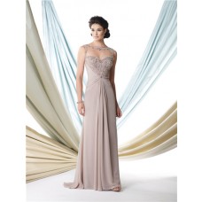 Sexy A Line Illusion Bateau Neckline Grey Chiffon Beaded Mother Of The Bride Evening Dress