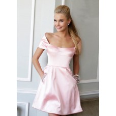 Sexy A Line Off The Shoulder Short Pink Satin Party Prom Dress With Pockets