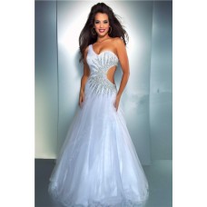 Sexy A Line One Shoulder Side Cut Out Long White Tulle Beaded Prom Dress