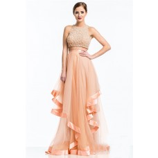 Sexy A Line Scoop Neck Long Peach Tulle Beaded Two Piece Prom Dress
