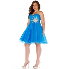 Sexy A Line Sweetheart Short Blue Tulle Beaded Plus Size Party Prom Dress 