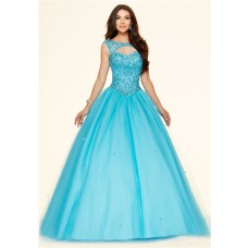 Sexy Ball Gown Cut Out Open Back Blue Tulle Beaded Corset Prom Dress