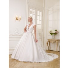 Sexy Ball Gown Deep V Neck Satin Tulle Lace Wedding Dress With Swarovski Crystals