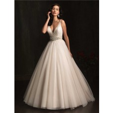 Sexy Ball Gown Deep V Neck Sheer Straps Organza Wedding Dress With Crystals Belt