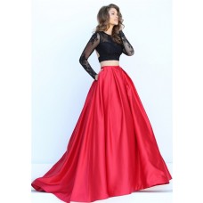 Sexy Ball Gown Two Piece Backless Long Black Lace Sleeve Red Satin Prom Dress With Pockets