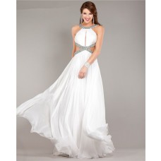 Sexy Cut Out Backless Flowing White Chiffon Beaded Prom Dress With Straps