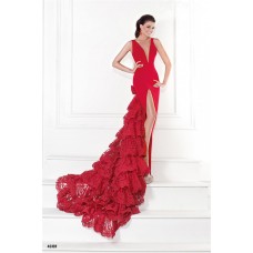 Sexy Deep V Neck Low Back High Slit Red Lace Ruffle Evening Prom Dress