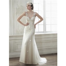 Sexy Deep V Neck Open Back Tulle Beaded Wedding Dress With Flowers