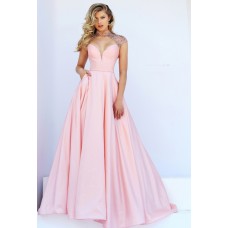 Sexy Front Cut Out Open Back Light Pink Satin Beaded Prom Dress With Collar