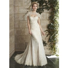 Sexy Mermaid Cap Sleeve Cut Out Backless Champagne Lace Beaded Wedding Dress