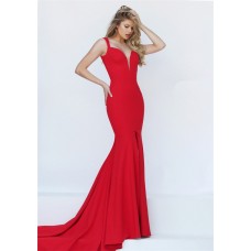 Sexy Mermaid Deep V Neck Backless High Slit Red Satin Prom Dress With Straps