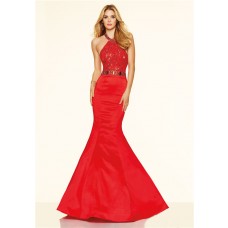 Sexy Mermaid Halter Backless Red Taffeta Ruffle Beaded Prom Dress