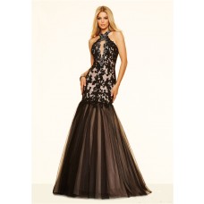 Sexy Mermaid Halter Cut Out Backless Black Tulle Lace Beaded Prom Dress
