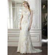 Sexy Mermaid High Neck Cap Sleeve Backless Champagne Lace Applique Wedding Dress