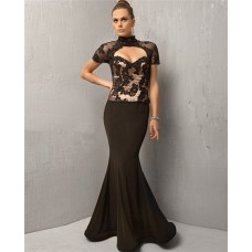 Sexy Mermaid Long Black Chiffon Lace Cut Out Evening Dress With Sleeve