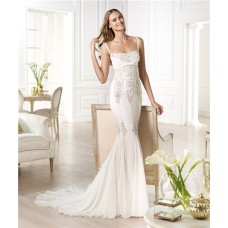 Sexy Mermaid Low Back Chiffon Embroidered Beaded Wedding Dress With Straps