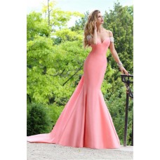 Sexy Mermaid Off The Shoulder Low V Back Light Coral Satin Evening Occasion Dress