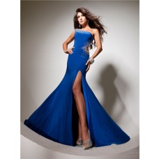 Sexy Mermaid One Shoulder Backless Long Royal Blue Chiffon Prom Dress With Beading Slit