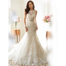 Sexy Mermaid Scalloped Boat Neckline Backless Lace Crystal Corset Wedding Dress