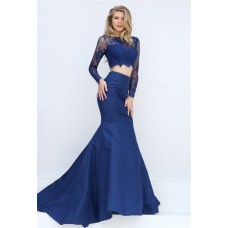 Sexy Mermaid Two Piece Long Sleeve Navy Blue Lace Satin Evening Prom Dress