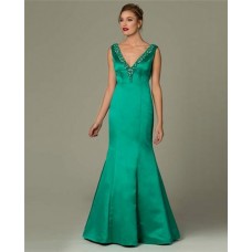 Sexy Mermaid V Neck Backless Emerald Green Satin Beaded Occasion Evening Dress 