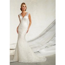 Sexy Mermaid V Neck Cap Sleeve Venice Lace Wedding Dress With Crystals Buttons