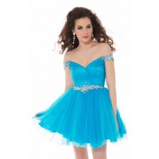 Sexy Off The Shoulder Short Turquoise Blue Tulle Beaded Homecoming Prom Dress