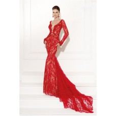 Sexy Plunging Neckline Open Back Long Sleeve Red Lace Evening Occasion Dress