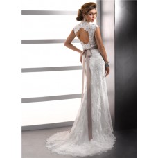 Sexy Sheath Cap Sleeves Vintage Lace Wedding Dresses With Open Back Buttons Belt