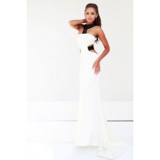 Sexy Sheath Halter Side Cut Out Backless Long Black White Chiffon Evening Prom Dress 