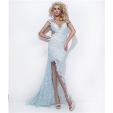 Sexy Sheath Sheer Illusion Neckline Backless Long Light Blue Lace Prom Dress Open Back