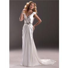 Sexy Sheath V Neck Low Back Satin Wedding Dress With Crystals Buttons