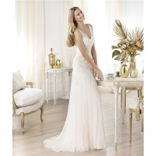 Sexy Sheath V Neck Sheer Straps Tulle Wedding Dress With Lace Applique 