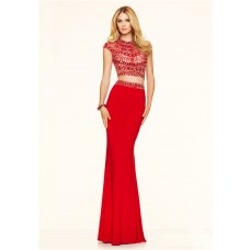 Sexy Slim Two Piece Open Back Cap Sleeve Red Chiffon Beaded Prom Dress